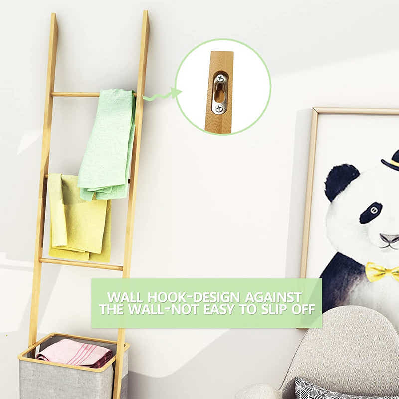 DS BS Bamboo Wall Leaning Ladder Laundry Basket Shelf 180 cm