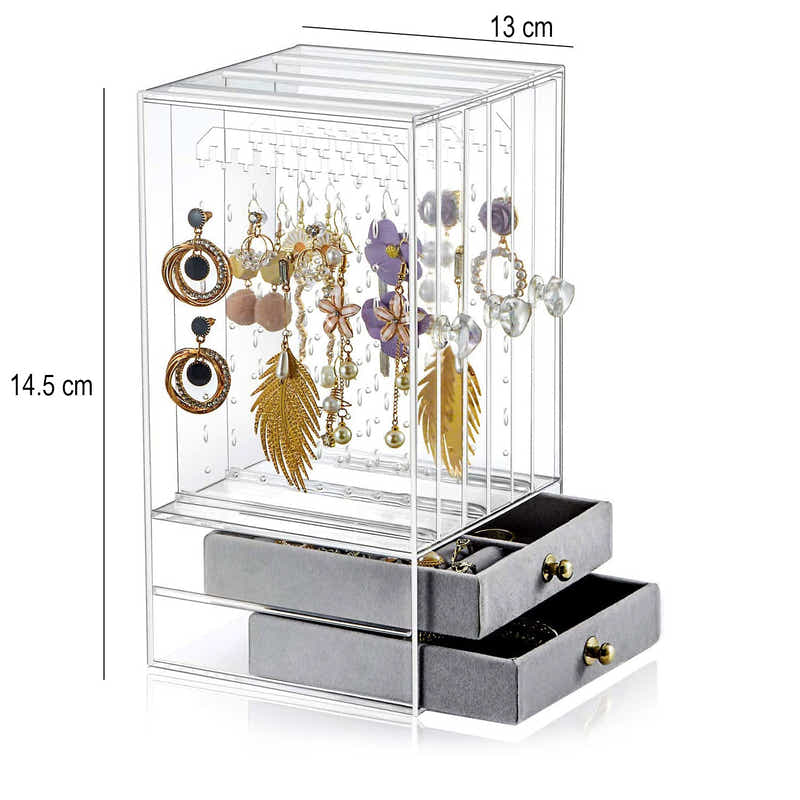 DS BS Acrylic Earring Holder and Jewelry Organizer 3 Slots 2 Drawers