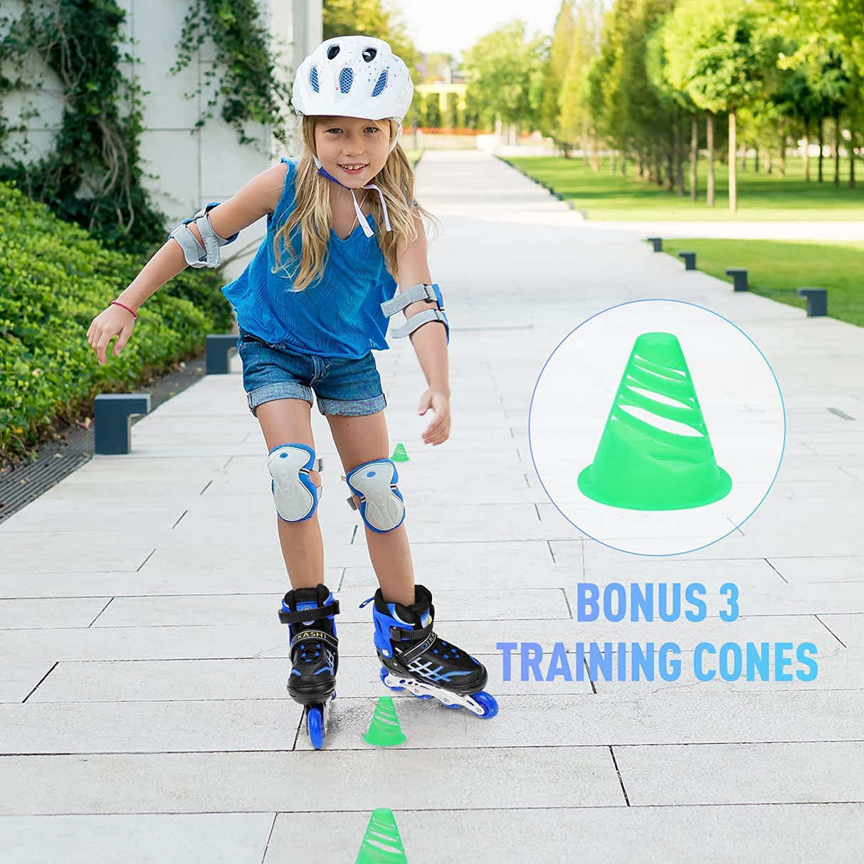 DS BS Kids Adjustable Inline Skates with Light Up Wheels Size27-32 Blue