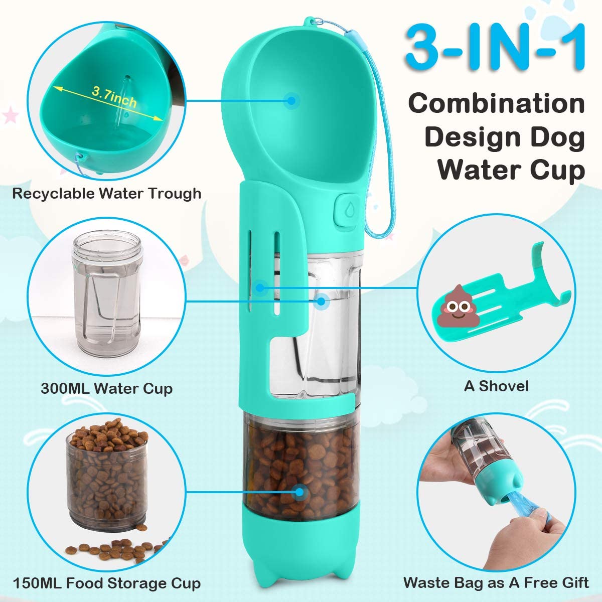 DS BS Portable Dog Travel Water Dispenser with Food Container-300ML