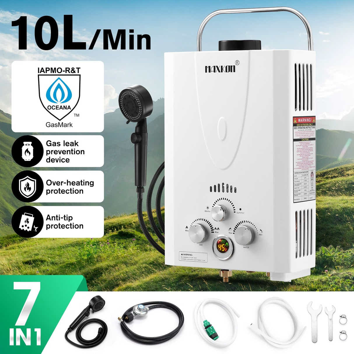 DS BD Maxkon Gas Water Heater 7 in 1 10L Portable Camping Shower System White