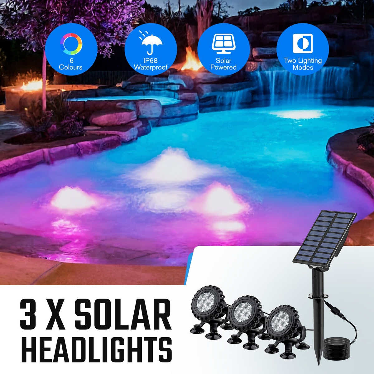 DS BD Solar Outdoor Light 3 Heads RGB Pond Fish Tank LED Multicolour Waterproof