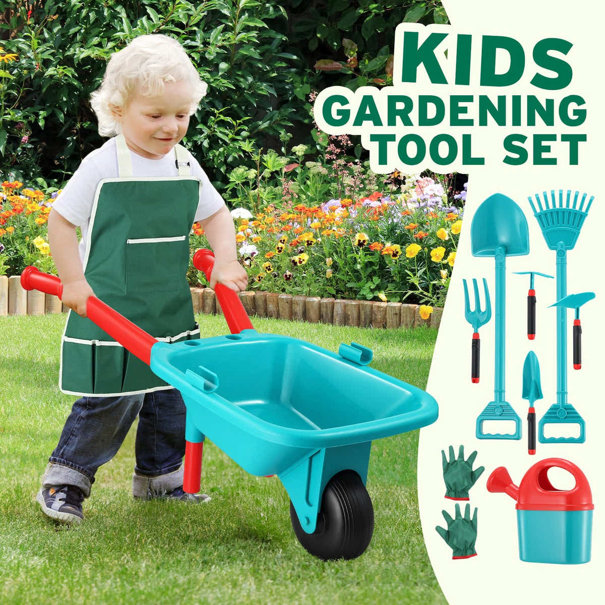 DS BD Kids Garden Tool Toy Set Wheelbarrow Watering Can Gardening Gloves Playset