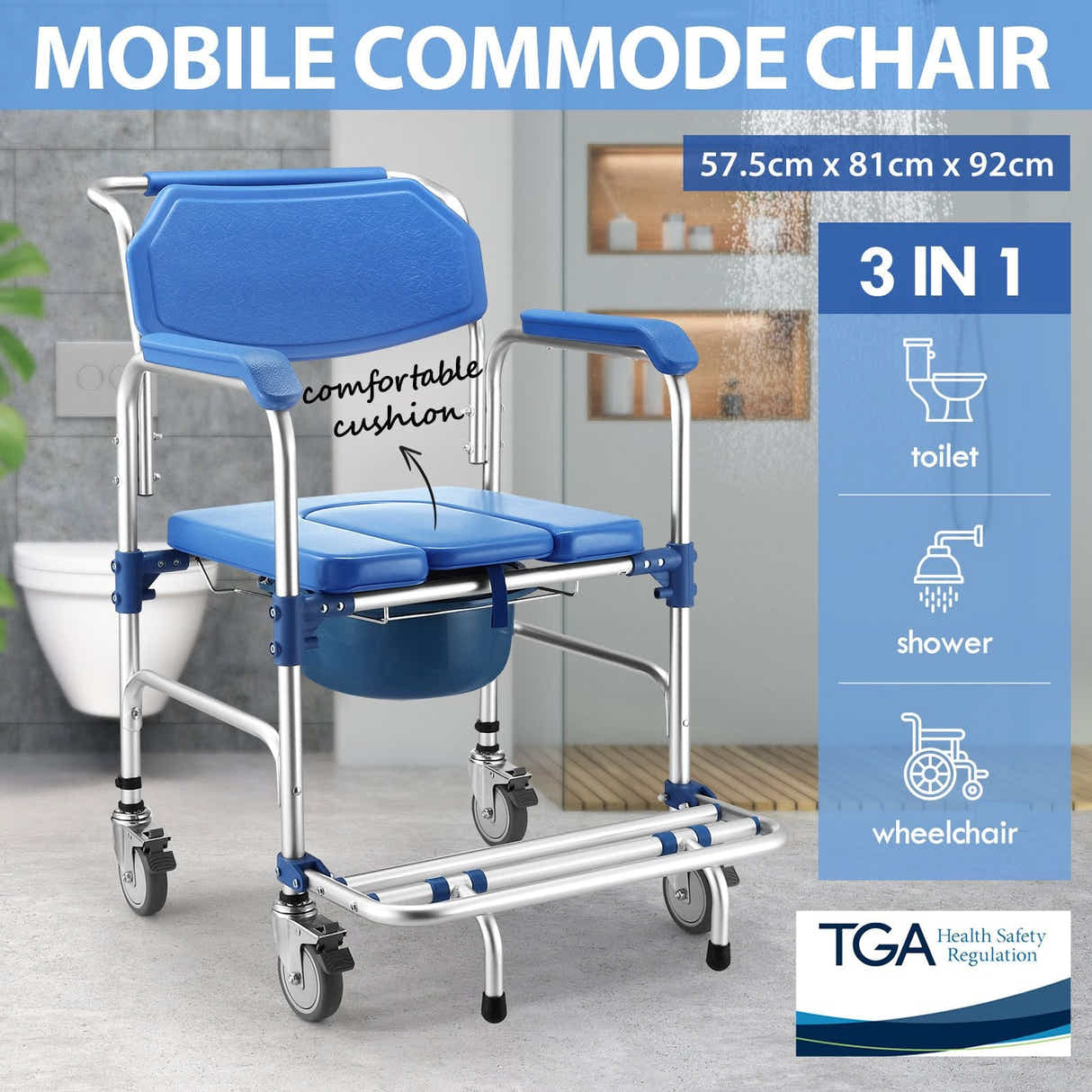 DS BD Commode Shower Chair Toilet Wheelchair 3in1 Bath Stool Bathroom Bedside