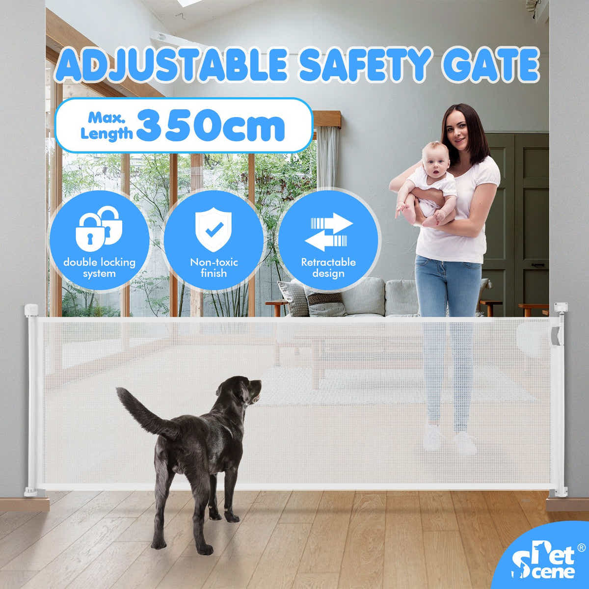 DS BD Retractable Safety Gate Dog Cat Pet Enclosure Fence Safe 350cm White