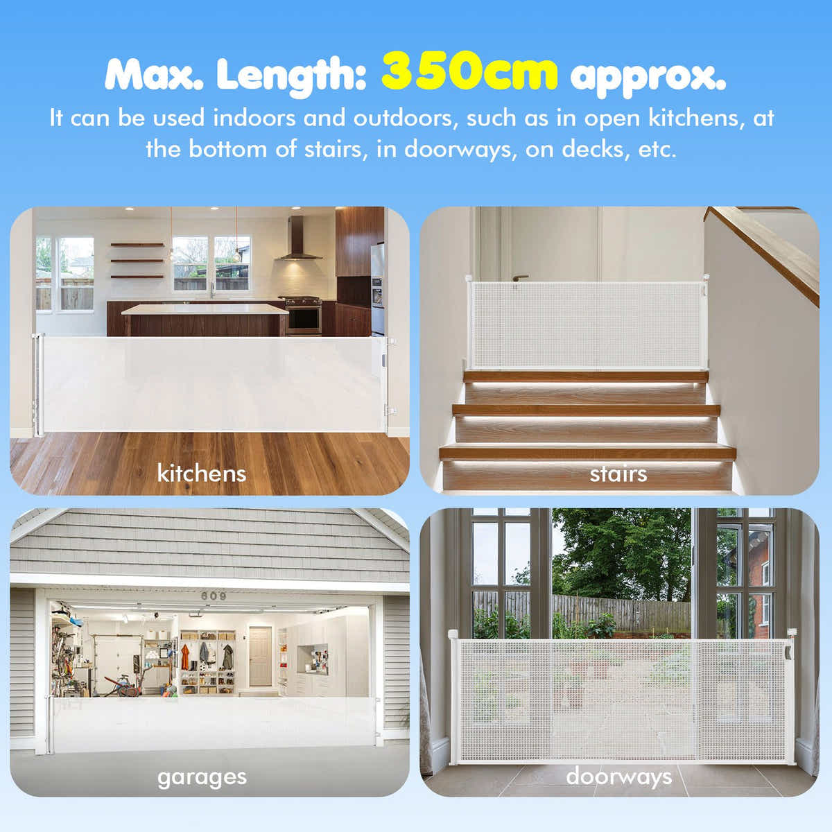 DS BD Retractable Safety Gate Dog Cat Pet Enclosure Fence Safe 350cm White
