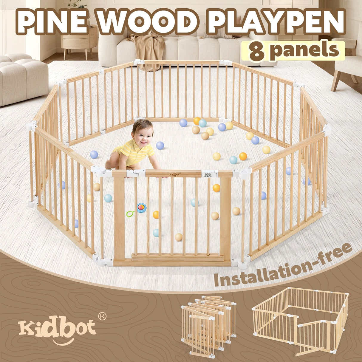 DS BD Kidbot Baby Playpen Gate 8 Panel Kids Pet Dog Wooden Safety Fence Activity