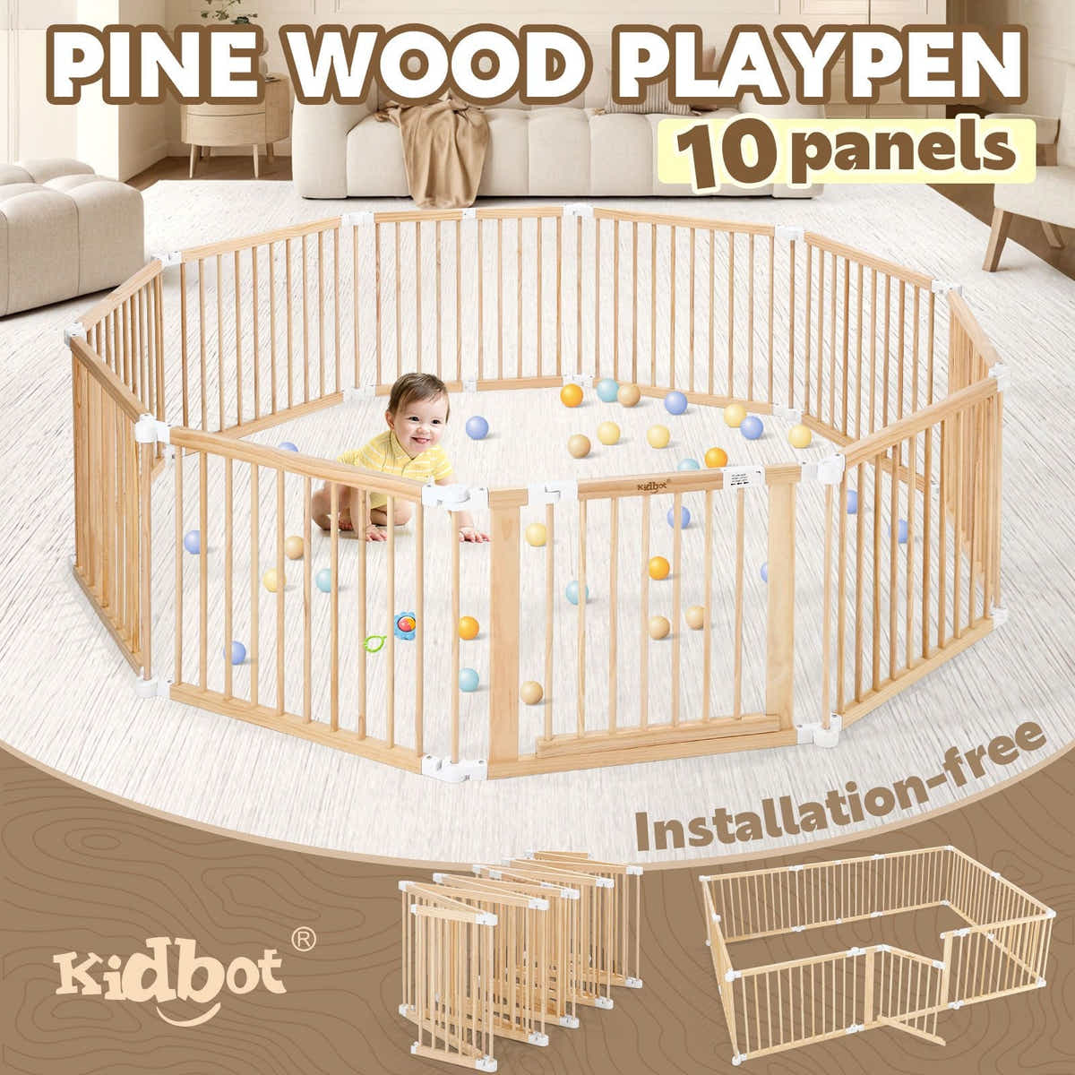 DS BD Kidbot Baby Playpen 10 Panel Wooden Safety Gate Kids Dog Activity Centre