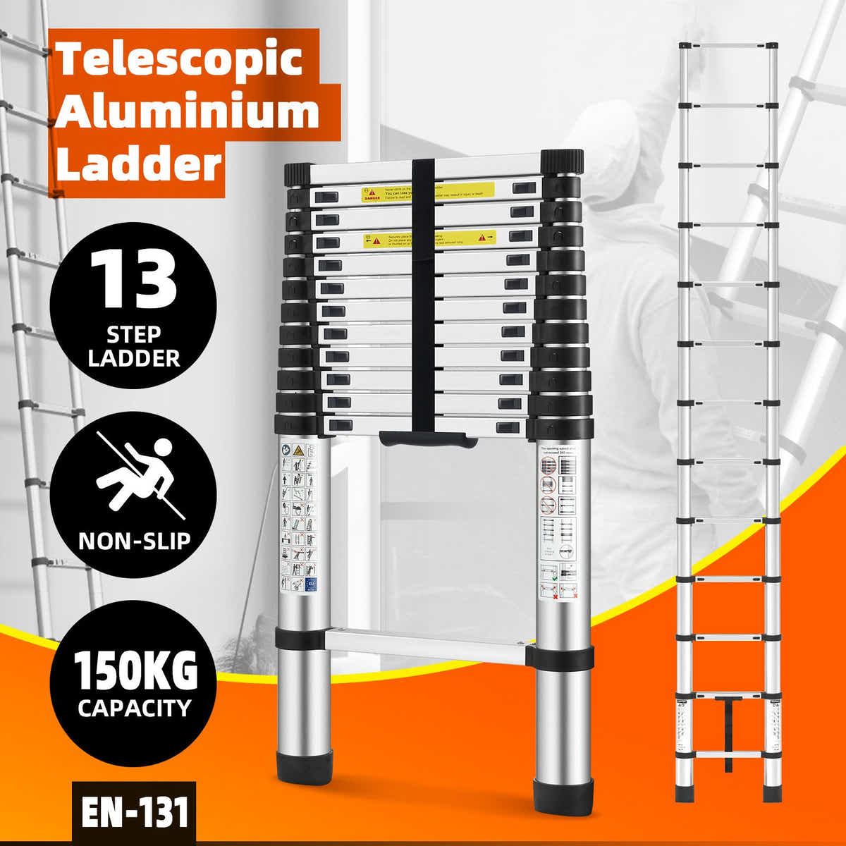 DS BD 3.8m Telescopic Step Ladder Aluminium Extension Extendable Stairs