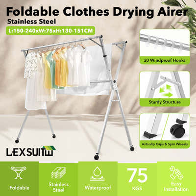 DS BD Clothes Rack Airer Garment Drying Folding Adjustable Outdoor with 20 Hooks