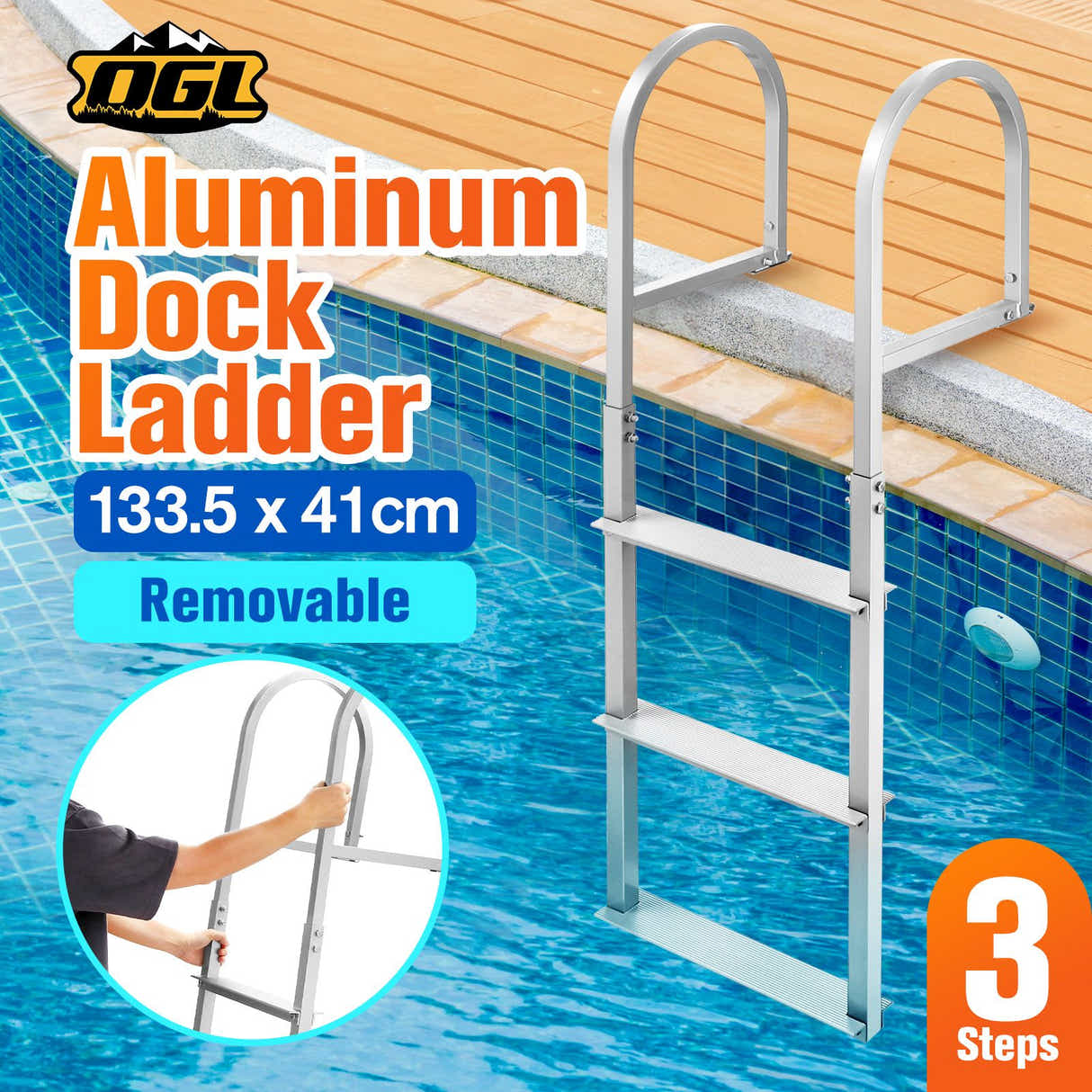 DS BD 3-Step Boat Dock Pool Ladder Removable Aluminium Steps 227kg Load Inground