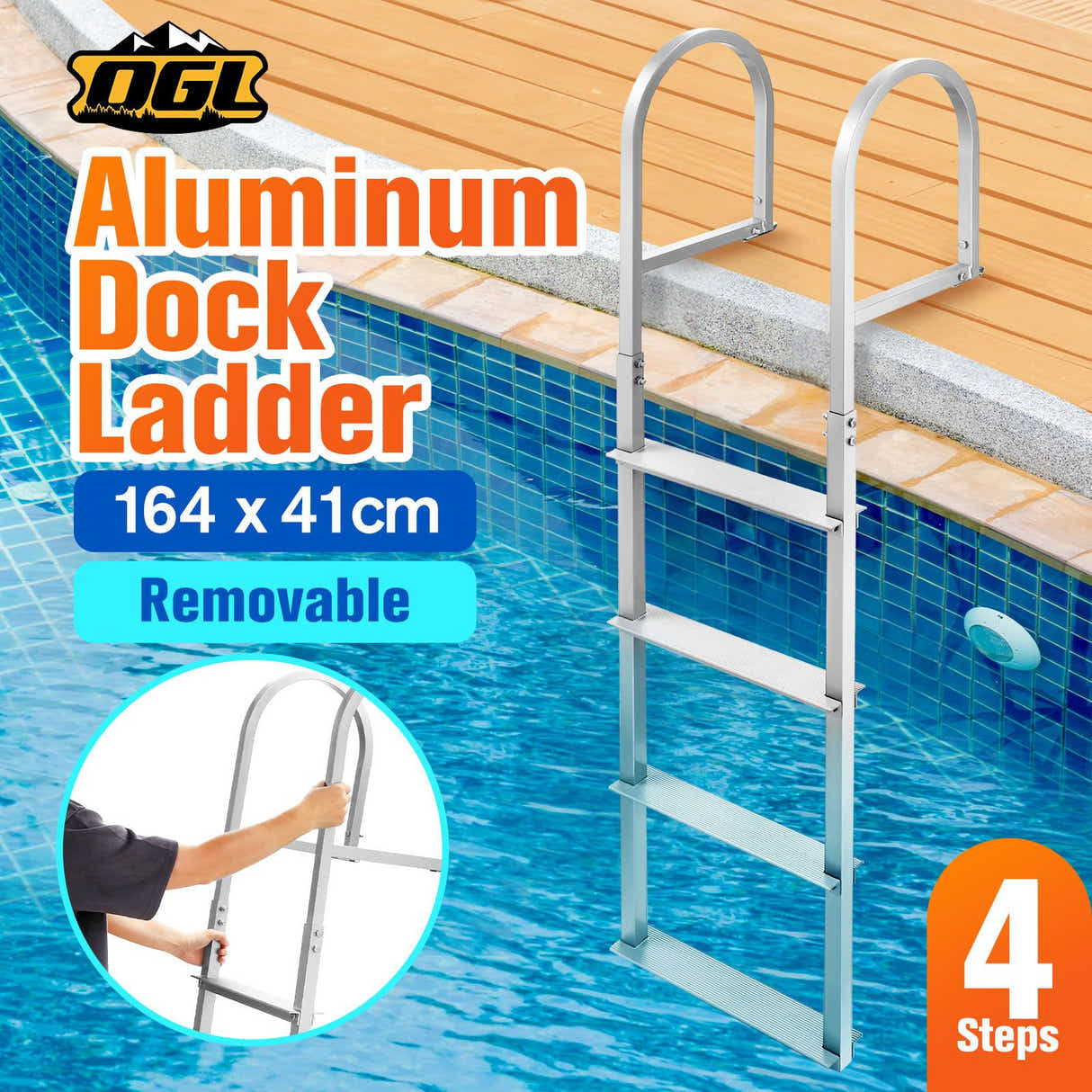 DS BD 4-Step Boat Dock Pool Ladder Removable Aluminium Steps 227kg Load Inground