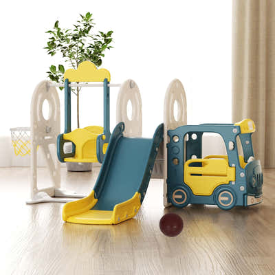 DS BD 5 in 1 Slide Swing Set Kids Ladder Climber Steps Basketball Hoop Playhouse