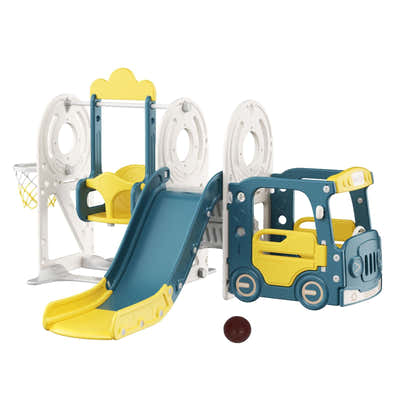 DS BD 5 in 1 Slide Swing Set Kids Ladder Climber Steps Basketball Hoop Playhouse