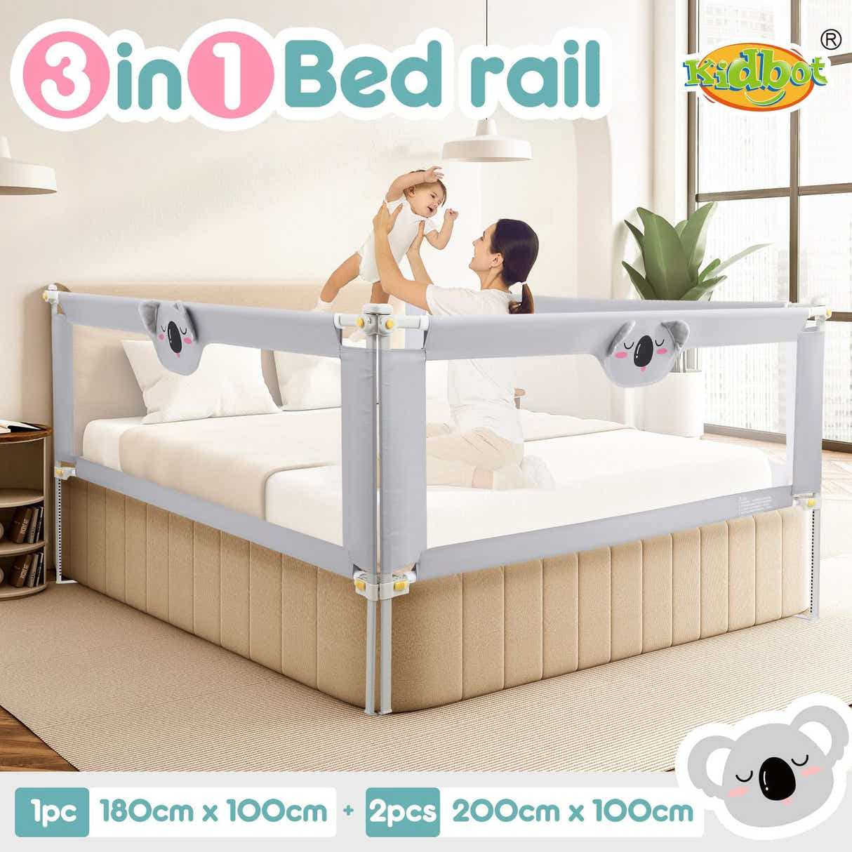 DS BD Toddler Bed Rail King Side Bedrail Folding Safety Protection 3Pcs 100cm
