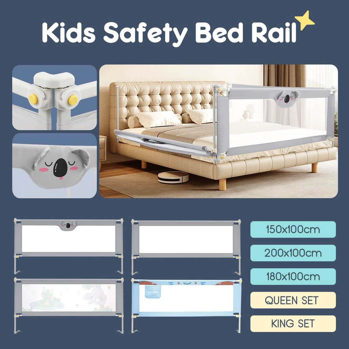 DS BD Toddler Bed Rail King Side Bedrail Folding Safety Protection 3Pcs 100cm