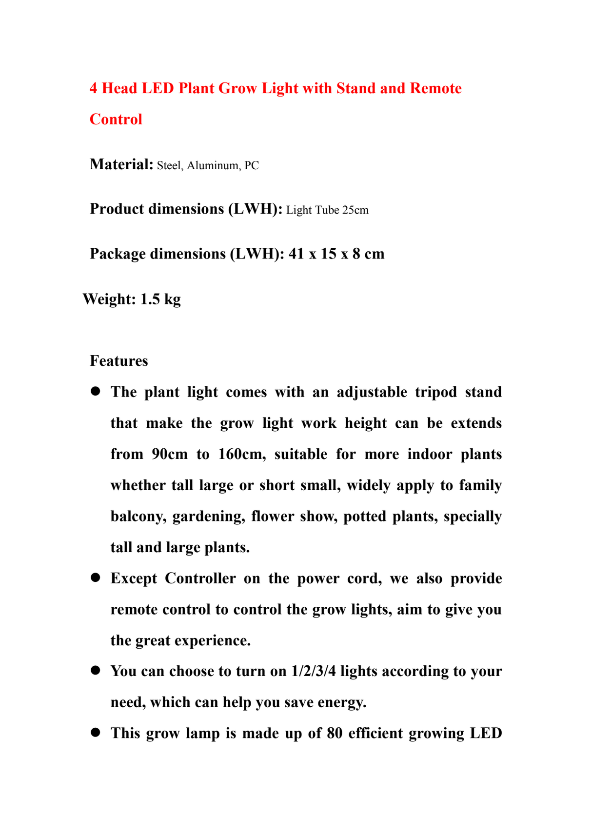 DS BS 4 Head LED Plant Grow Light with Stand and Remote Control
