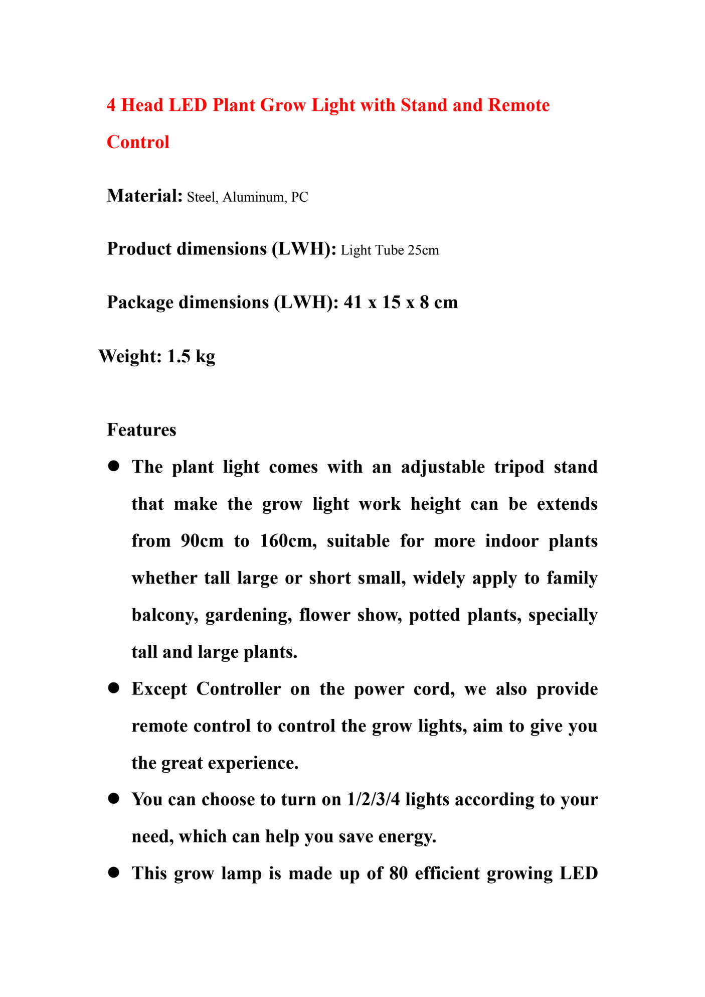 DS BS 4 Head LED Plant Grow Light with Stand and Remote Control