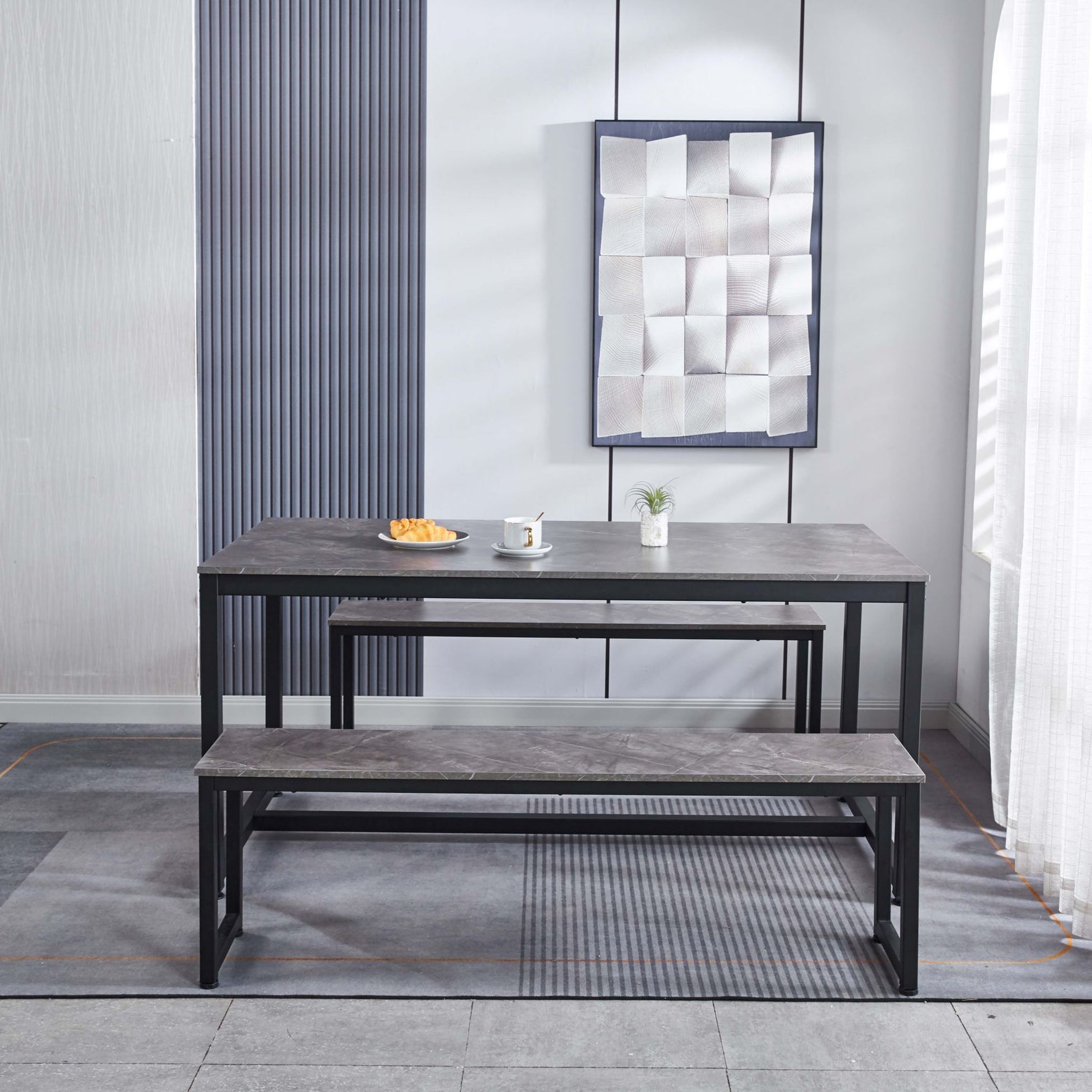 DS Marble Look Dining Table Set With 1.6M Table and 2x Bench Grey