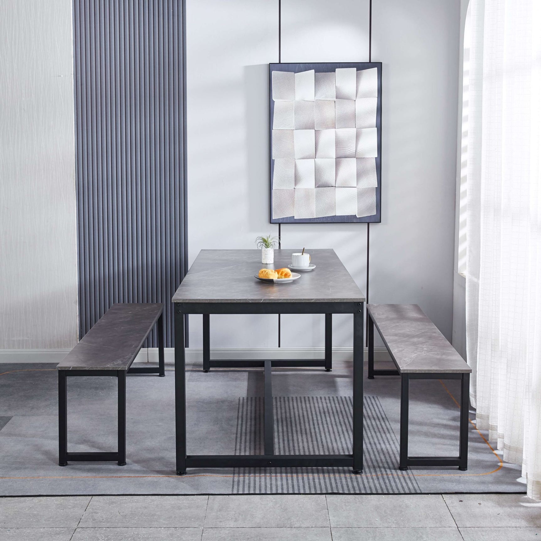 DS Marble Look Dining Table Set With 1.6M Table and 2x Bench Grey