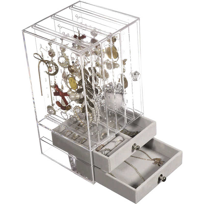 DS BS Acrylic Earring Holder and Jewelry Organizer 3 Slots 2 Drawers