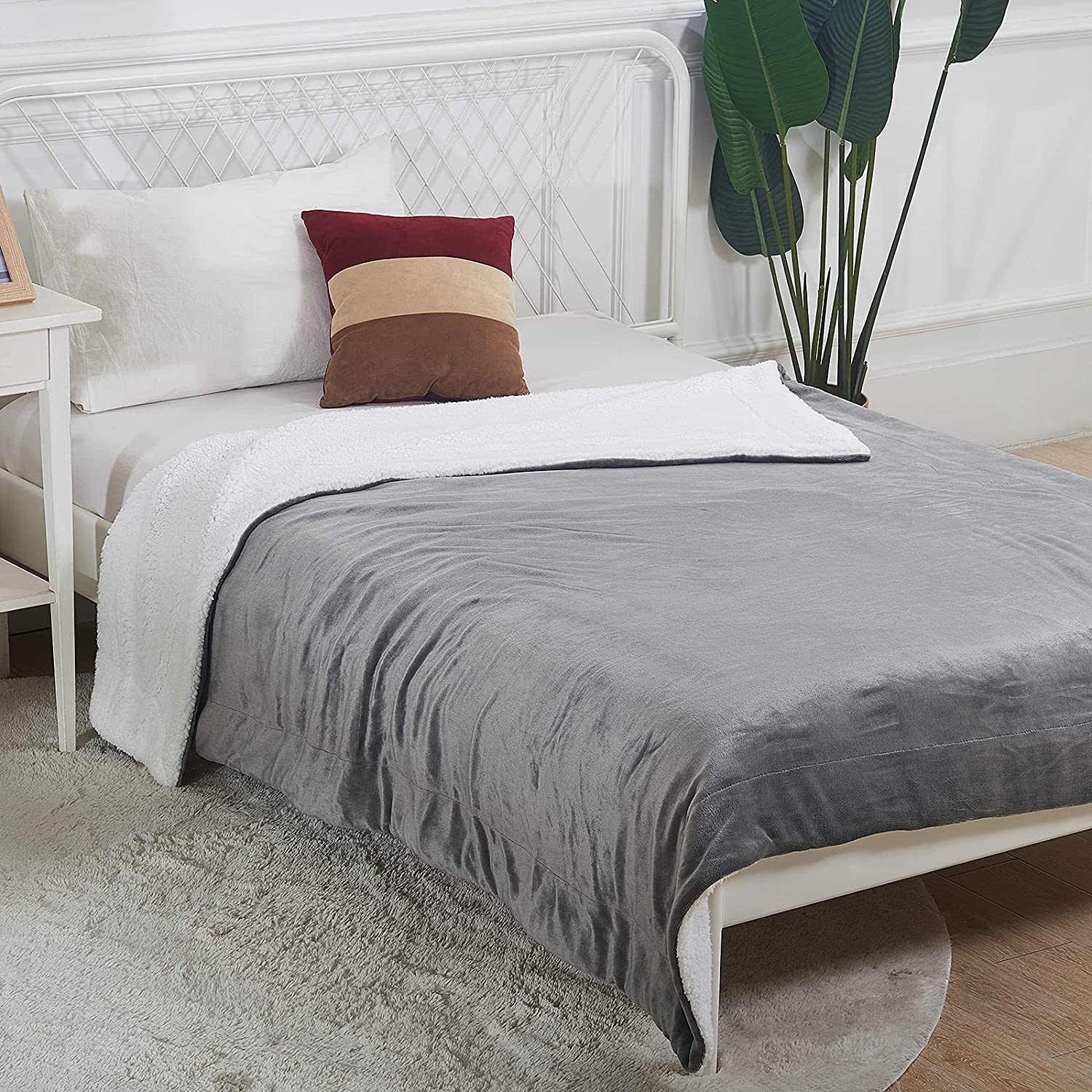 DS BS Thick Fuzzy Soft Sherpa Fleece Bed Sofa Blankets-Gray