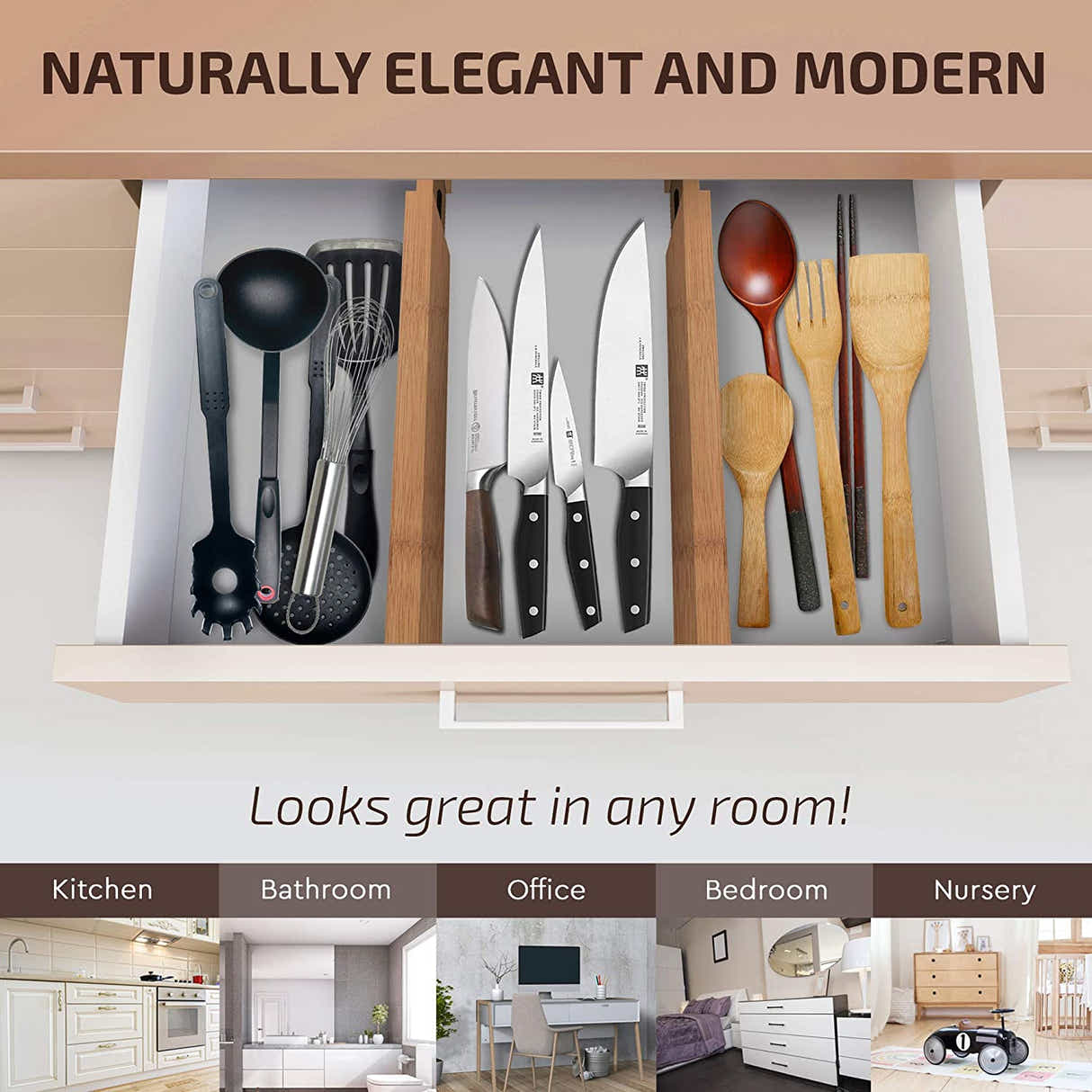 DS BS 4pcs Bamboo Expandable Adjustable Drawer Dividers Organizers