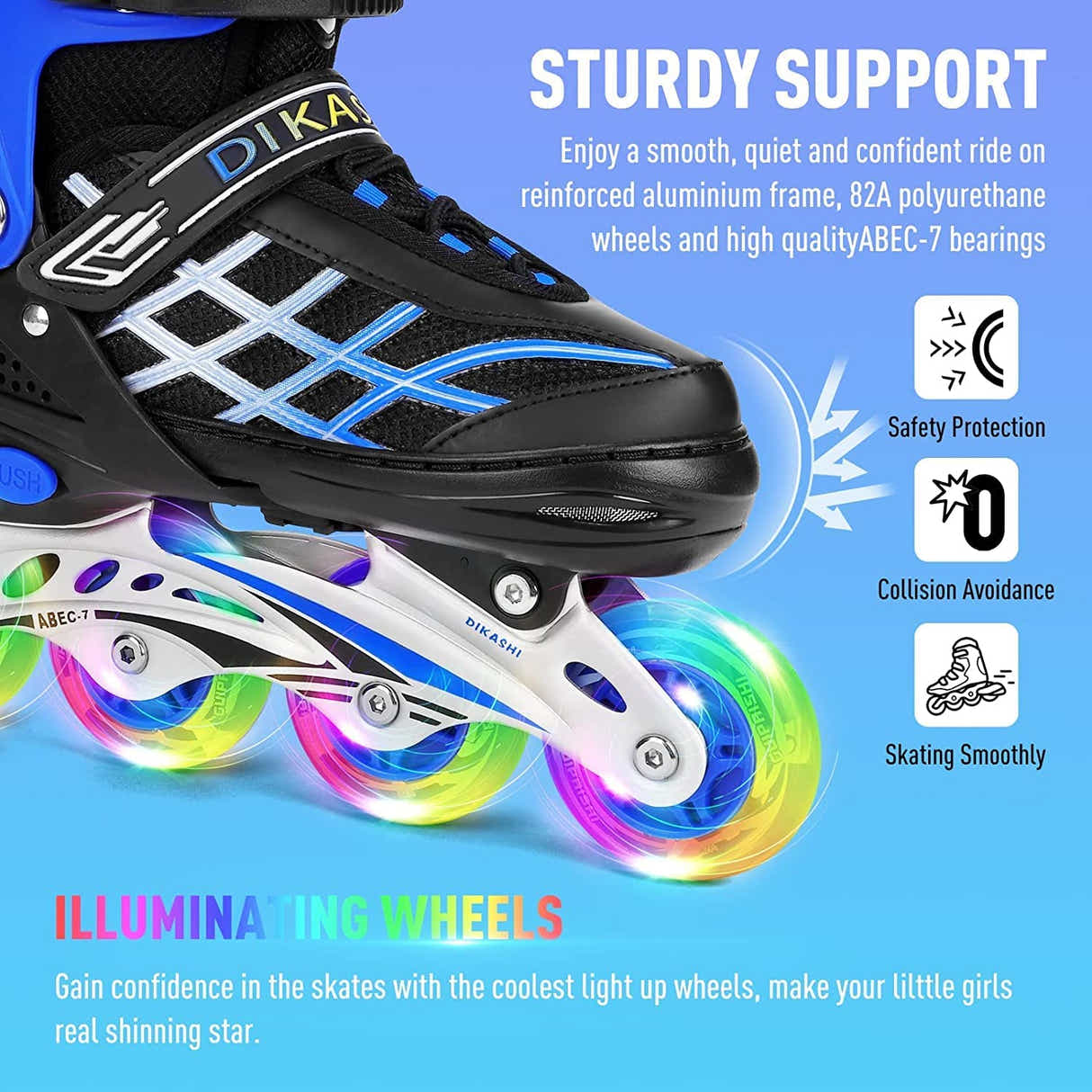DS BS Kids Adjustable Inline Skates with Light Up Wheels Size33-37 Blue