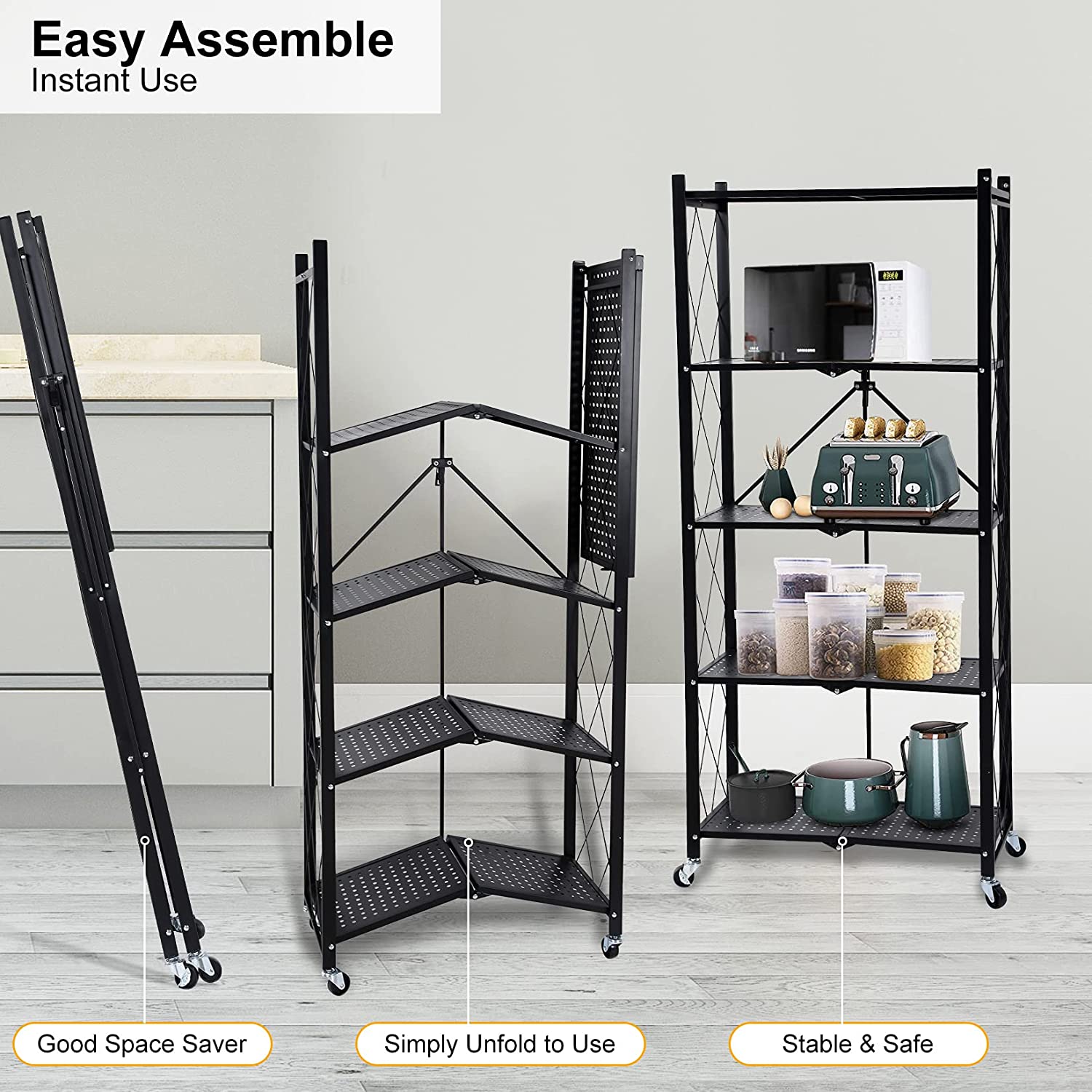 DS BS Foldable 5 Tier Kitchen Trolley Shelving Unit with Wheels