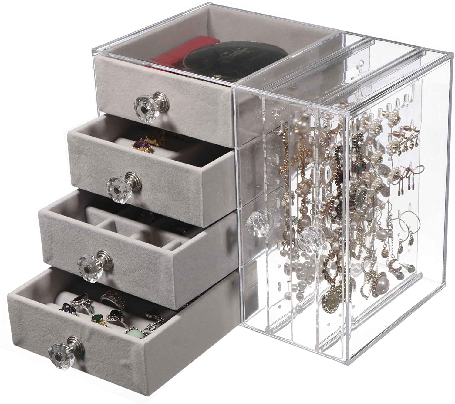 DS BS Acrylic Earring Holder and Jewelry Organizer 2 Slots 4 Drawers