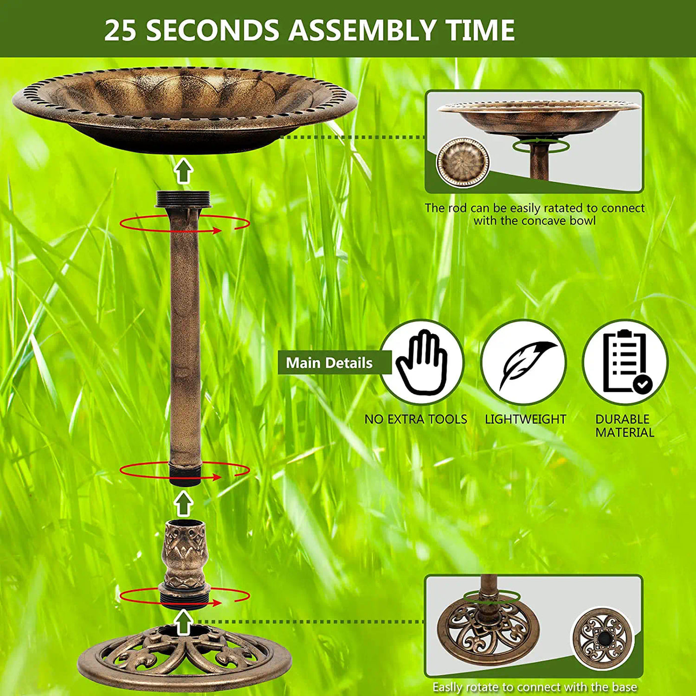 DS BS Outdoor Traditional Resin Garden Bird Bath-Copper