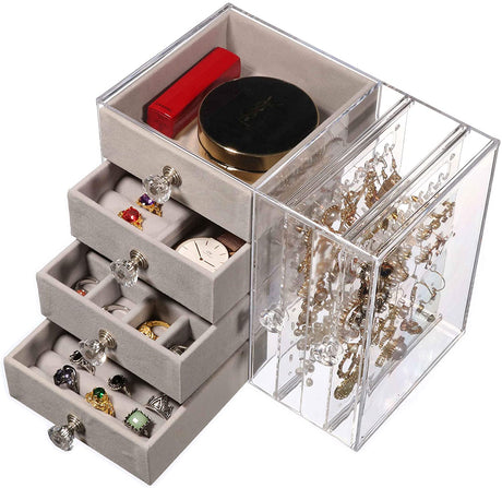 DS BS Acrylic Earring Holder and Jewelry Organizer 2 Slots 4 Drawers