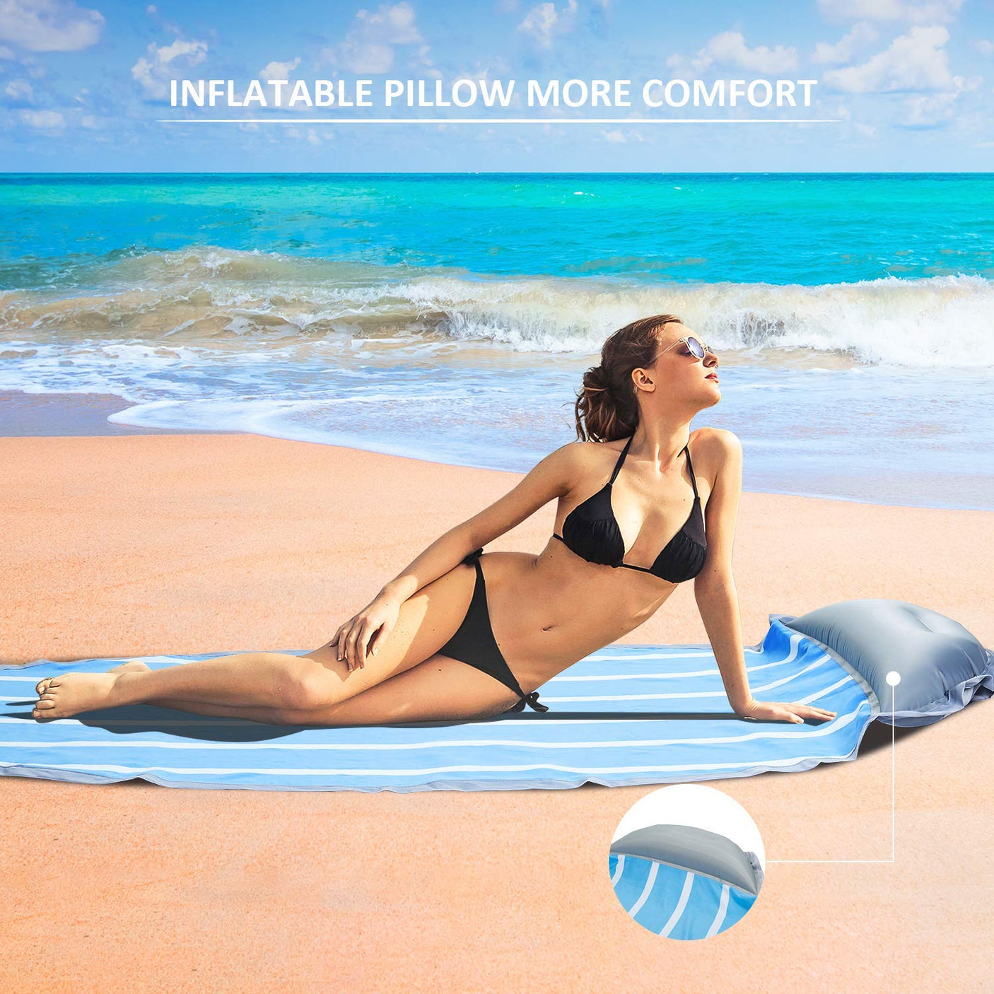 DS BS Outdoor Oversized Picnic Mat Beach Blanket with Inflatable Pillow