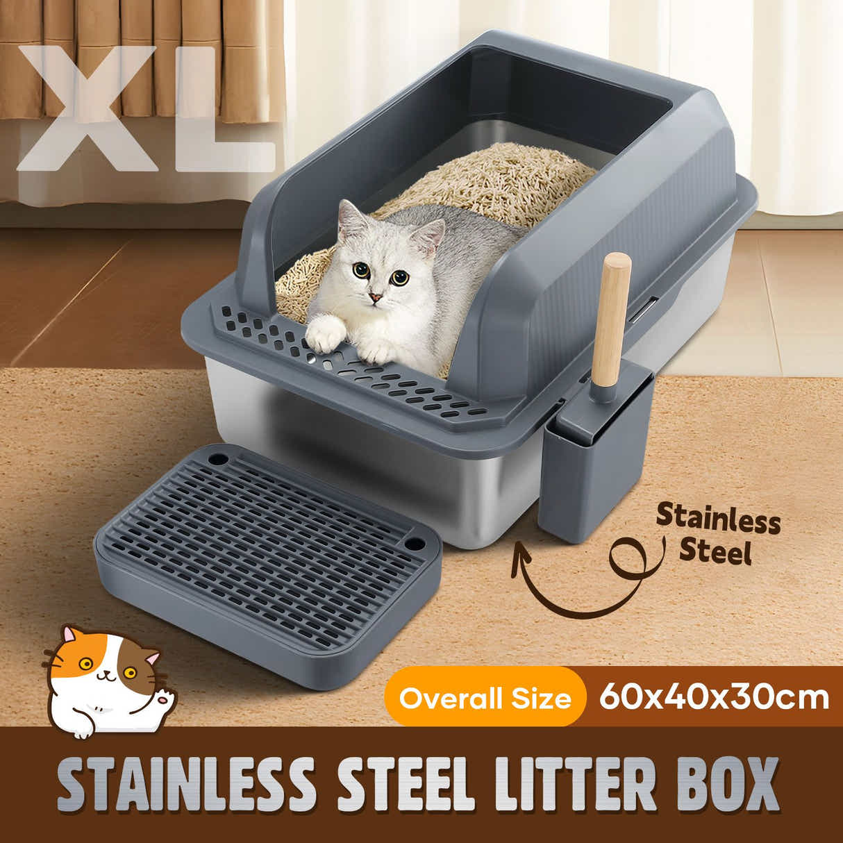DS BD Stainless Steel Cat Litter XL High Enclosed Pan Scoop 20L with Filter