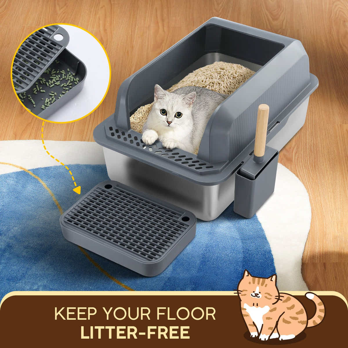 DS BD Stainless Steel Cat Litter XL High Enclosed Pan Scoop 20L with Filter