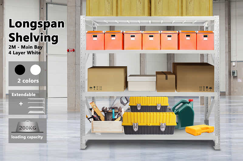4-Layer Longspan Shelving Grey White - 2 M