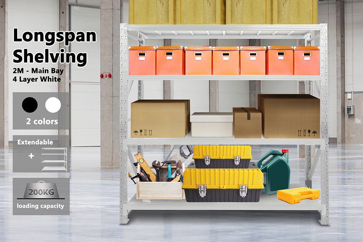 Longspan Shelving 2M - Main Bay 4 Layer Grey White