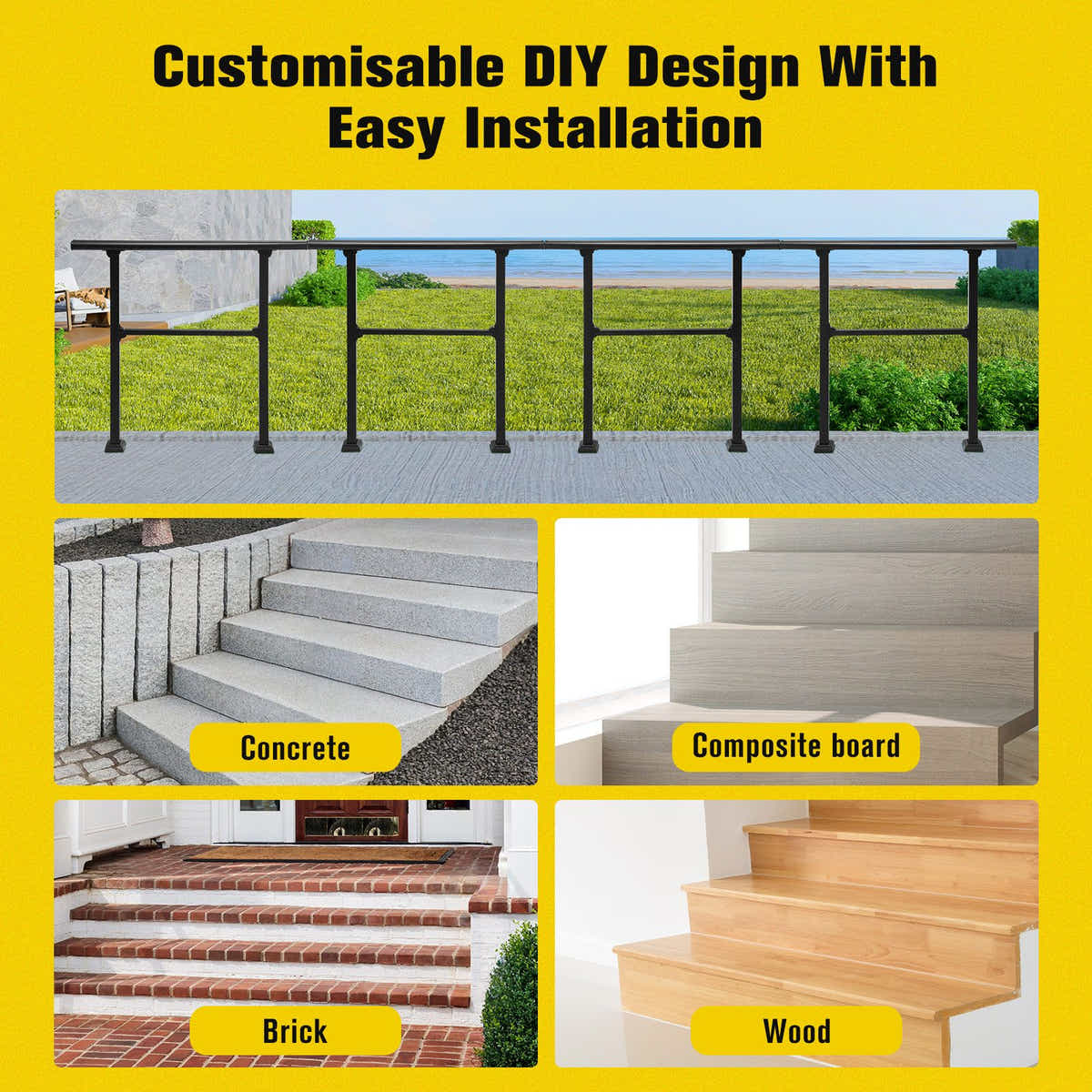 DS BD Stair Handrails Outdoor Steps Rail 2-3 Step Staircase Deck 97x102.5cm