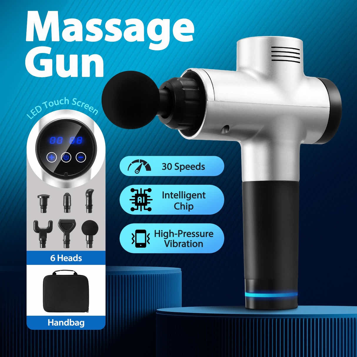 DS BD LED Massage Gun Electric Handheld Back Neck Shoulder 6 Heads 30 Speeds