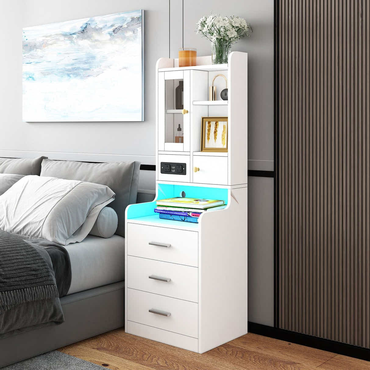 DS BD Table Bookshelf LED Nightstand Lamp Cabinet Wooden with Charging Station