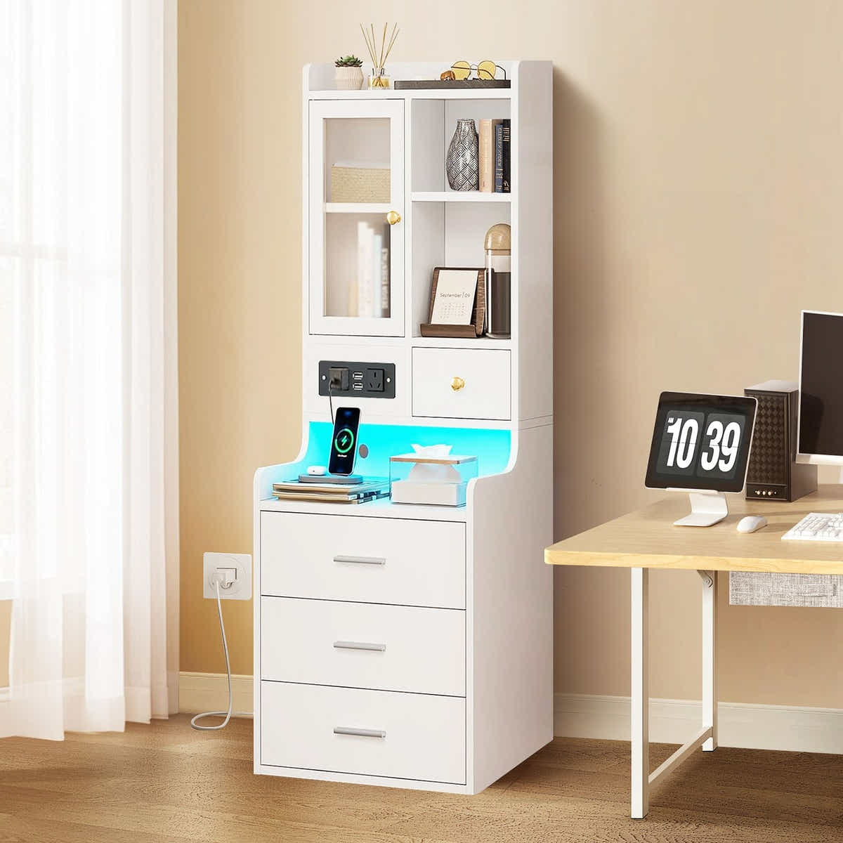 DS BD Table Bookshelf LED Nightstand Lamp Cabinet Wooden with Charging Station