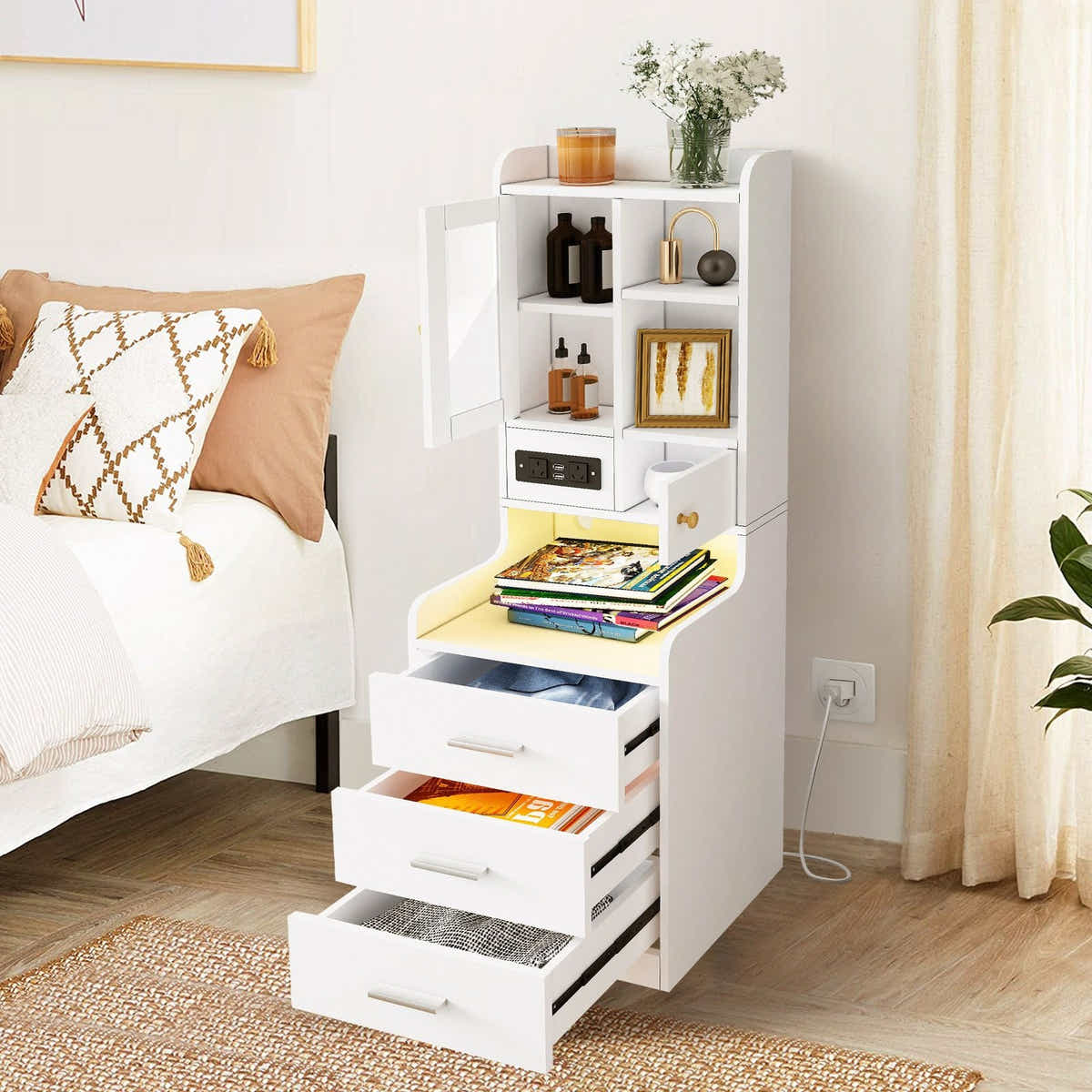 DS BD Table Bookshelf LED Nightstand Lamp Cabinet Wooden with Charging Station