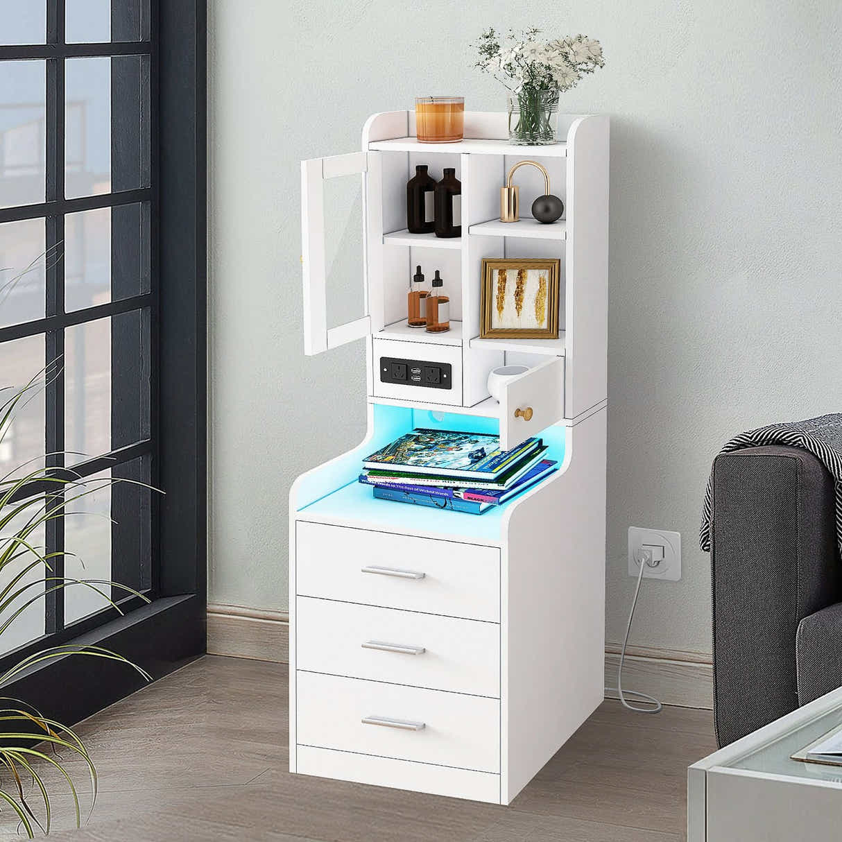 DS BD Table Bookshelf LED Nightstand Lamp Cabinet Wooden with Charging Station