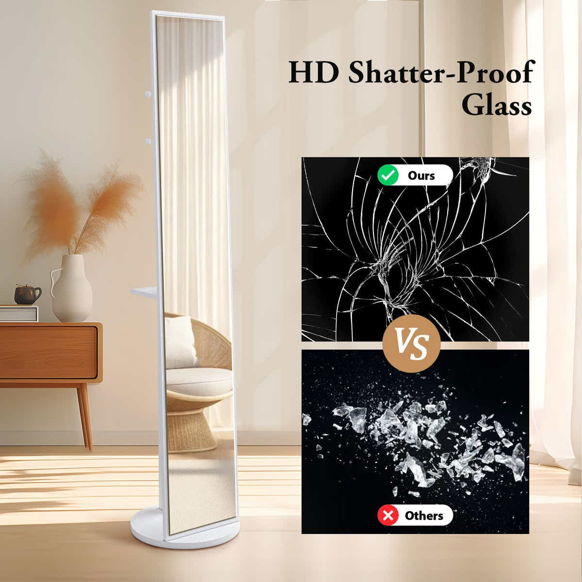 DS BD Full Length Mirror Tall Floor Free Standing Body Storage White 30x20x164cm