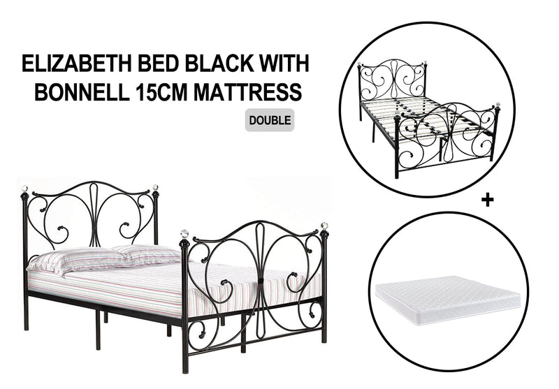 Elizabeth Metal Bed Black with Bonnell Mattress Combo - Double