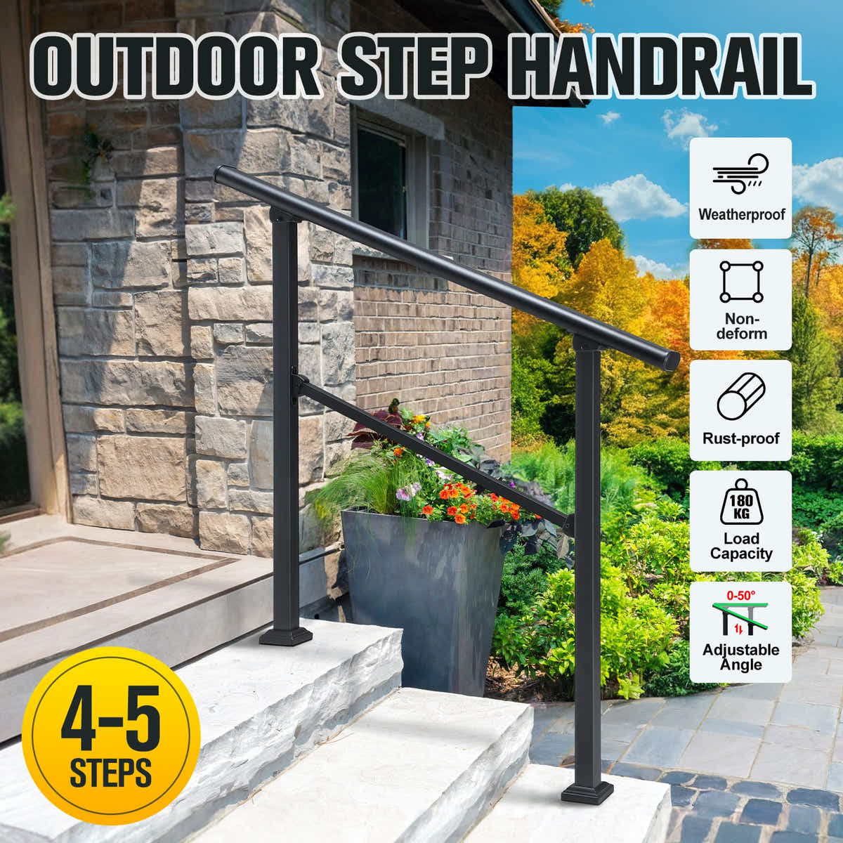 DS BD Stair Handrail 4 to 5 Steps Metal Adjustable Black Safety Guard