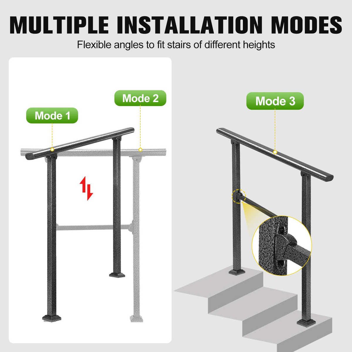 DS BD Stair Handrail 2 to 3 Steps Black Metal Adjustable Safety Guard
