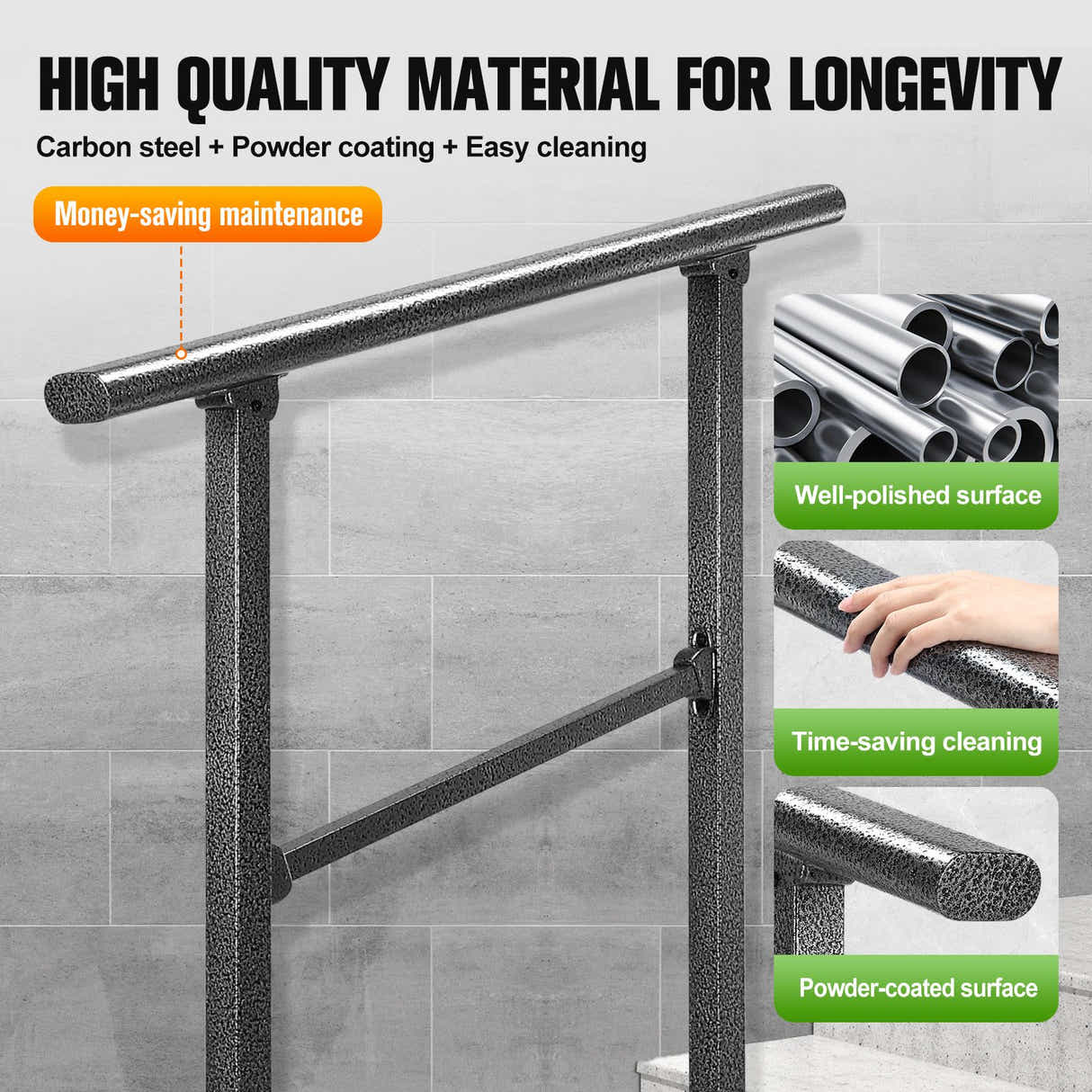 DS BD Stair Handrail 2 to 3 Steps Black Metal Adjustable Safety Guard