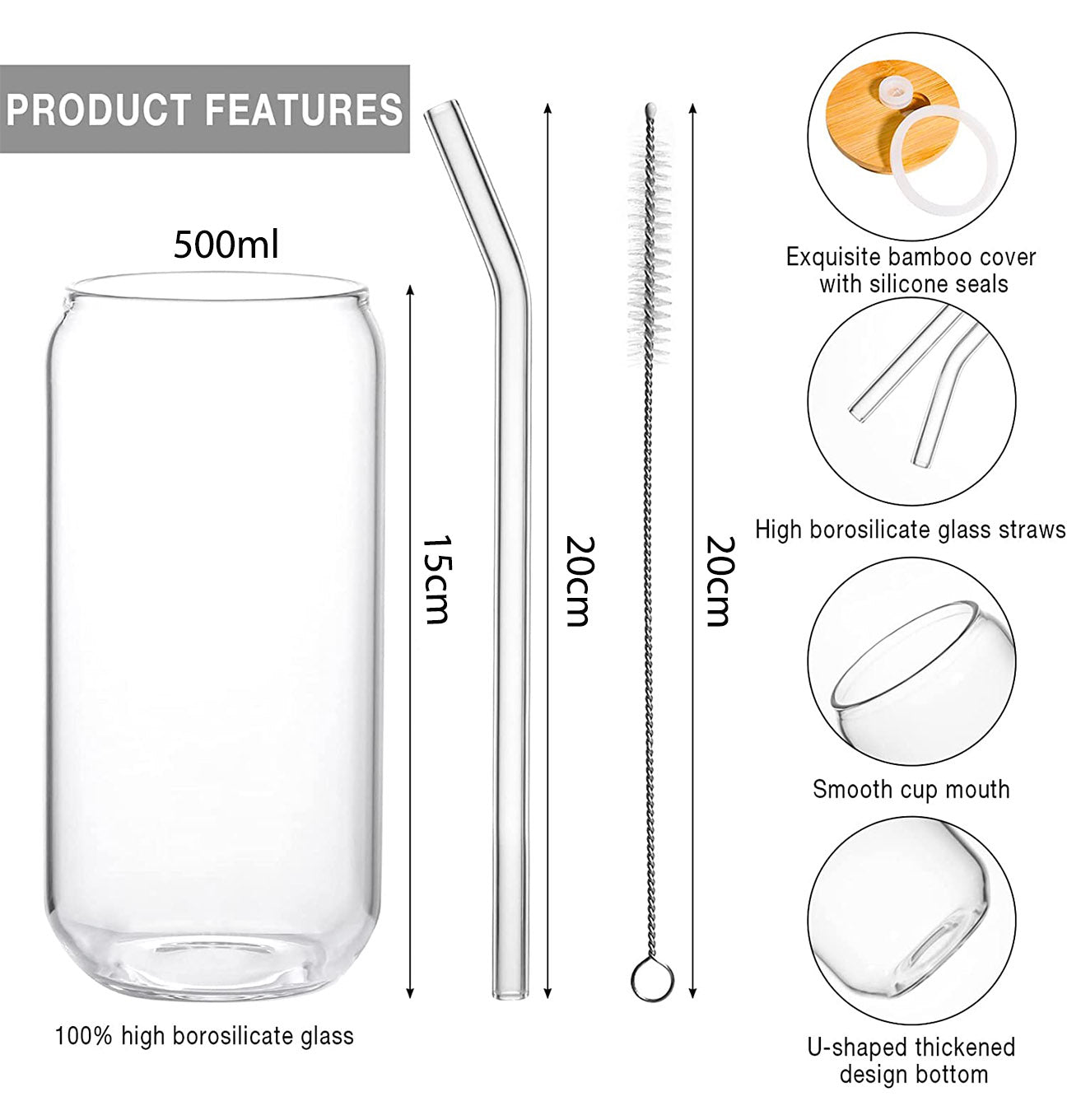 DS BS 6 Pack Drinking Glass Cup with Bamboo Lid and Straw Set
