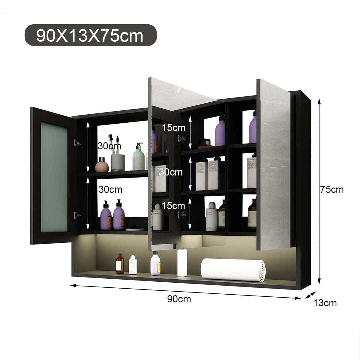 DS BD Bathroom Mirror Cabinet Medicine Storage Organiser LED Lights Doors Black
